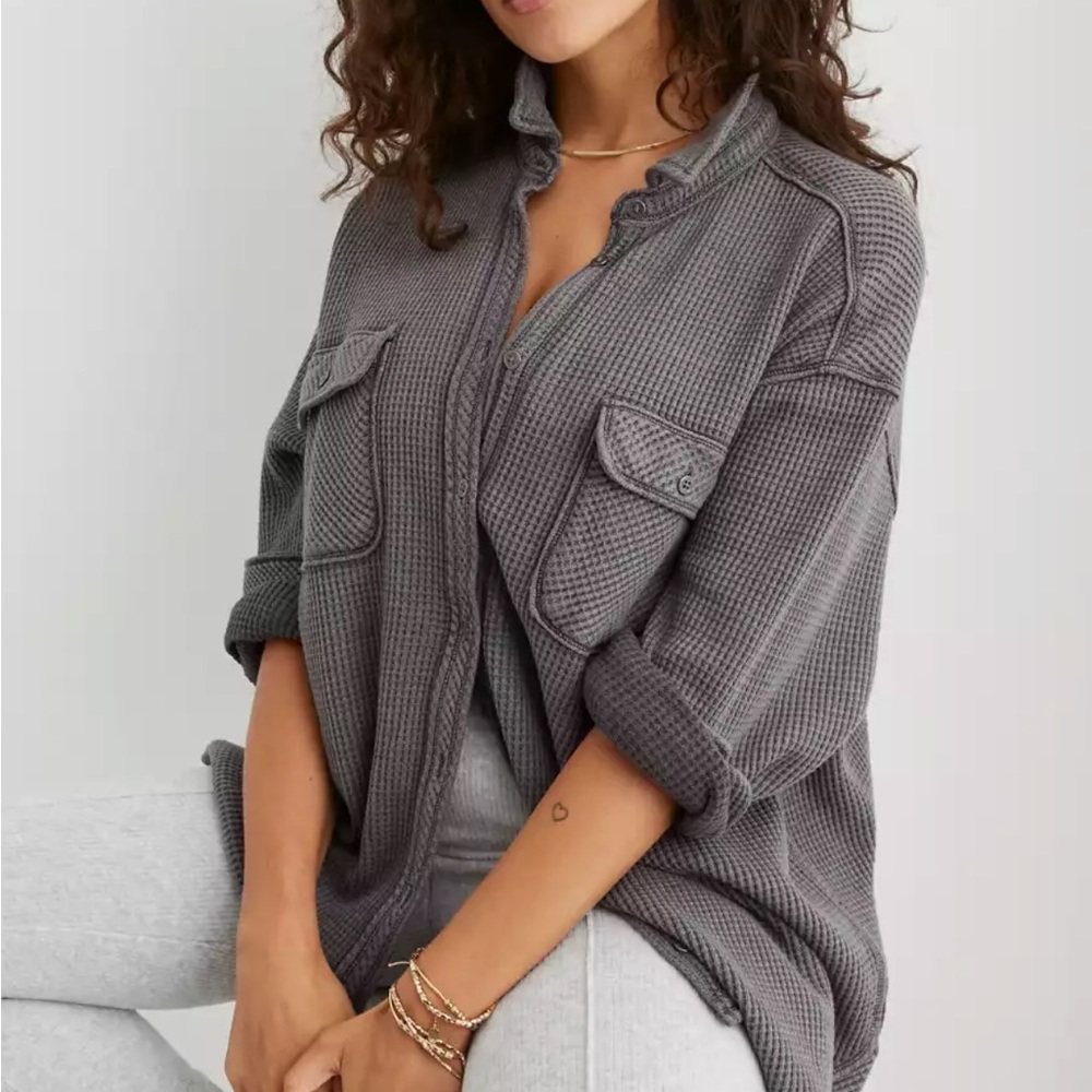 Aerie LumberJane Waffle Shirt gray size XS oversized fit